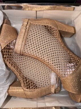 Sparkling Rose Gold Mesh Block Heel Sandals